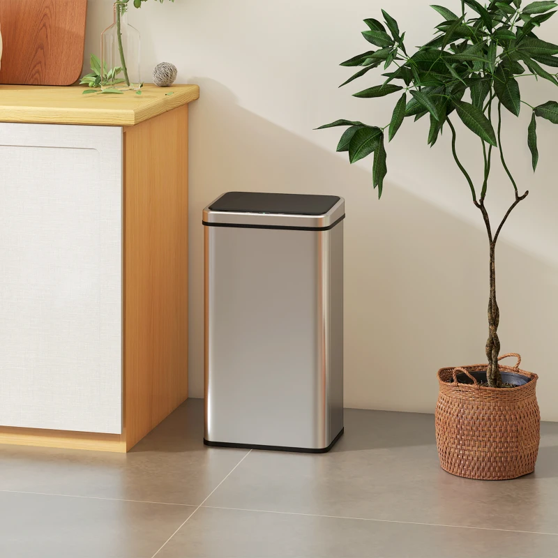HOMCOM Sensor Mülleimer 50L Edelstahl Automatischer Mülleimer mit Soft-Close-Deckel Bewegungssensor 35,5 x 26 x 67 cm Silber