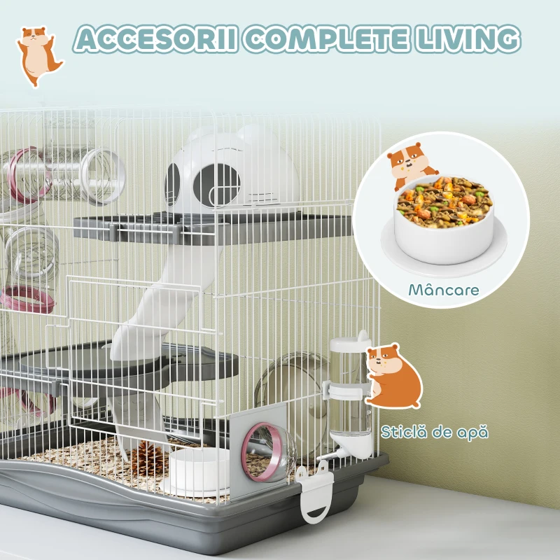 PawHut Cușcă pentru Hamsteri pe 3 Niveluri și 14 Tuburi cu Căsuță, Rampă și Accesorii, din Metal și Plastic, 45x30x45 cm, Gri