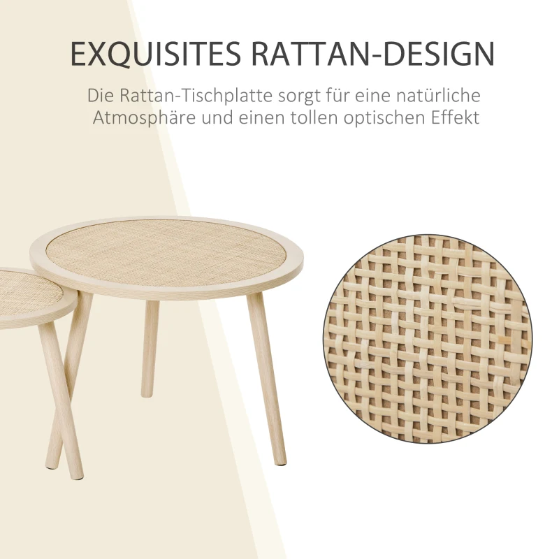 HOMCOM  2er Set Kaffeetisch Couchtisch mit Rattan-Tischplatte Stapeltisch Beistelltisch Kaffeetisch MDF Natur 40 x 40 x 40 cm/60 x 60 x 45 cm