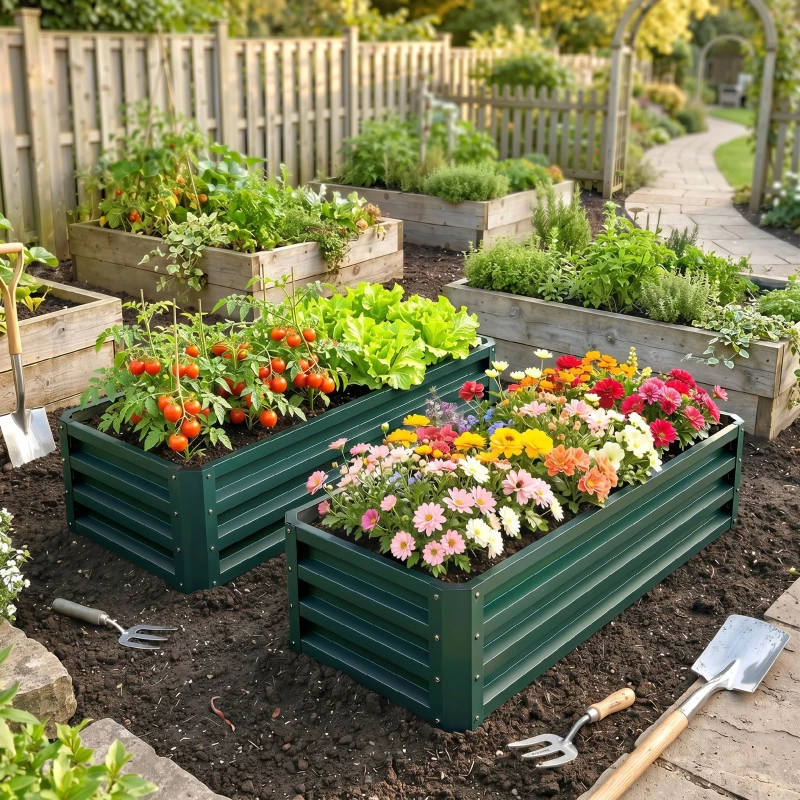 Outsunny Juego de 2 Jardineras Exterior Grandes de Acero Galvanizado Huertos Urbanos para Terraza Jardín 110x50x30 cm Verde