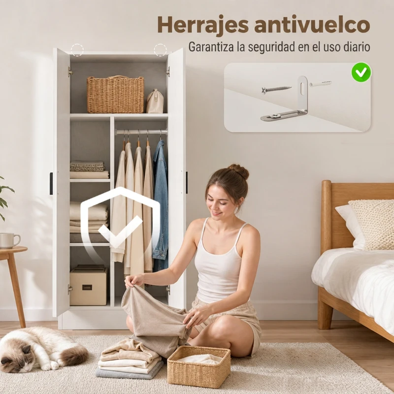 HOMCOM Armario Dormitorio Moderno Armario Ropero con Barra para Colgar Estantes 70x37x164 cm para Salón Entrada Blanco
