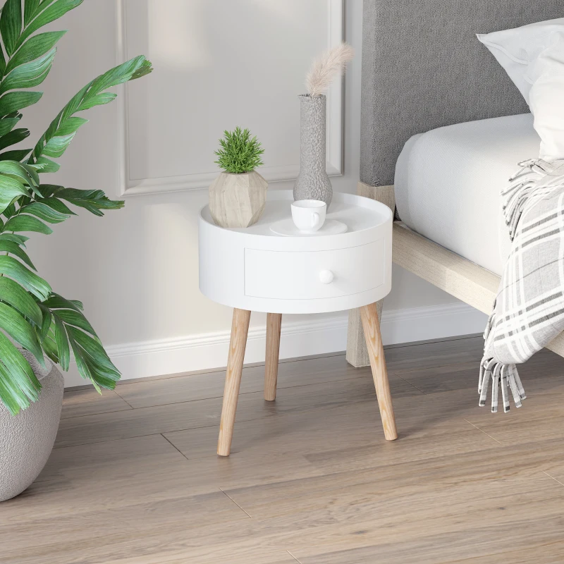 HOMCOM Mesa de centro com gaveta, redonda, design escandinavo, borda protetora, madeira, Ø38 x H45 cm, Branco