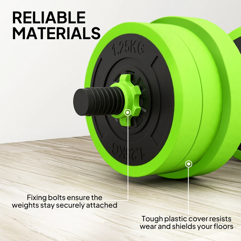 SPORTNOW 20kg Four-In-One Adjustable Weight Dumbbells Set, Barbell, Kettlebell, Push Up Stand - Green
