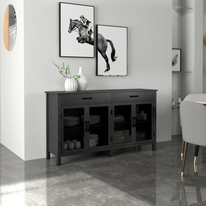 HOMCOM Buffet baixo móvel de arrumação 4 portas com prateleiras reguláveis e 2 gavetas estilo industrial 150 x 40 x 85 cm preto