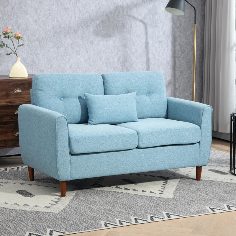 HOMCOM Sofá de 2 Plazas Tapizado en Lino Sintético para Salón Moderno con Reposabrazos Patas de Madera 140x78x83 cm Azul Claro