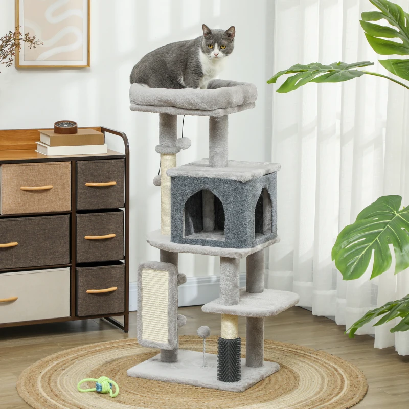 PawHut Albero per Gatti Multilivello Alto 104 cm con Casetta, Lettino, Pali Tiragraffi, Spazzola e Pallina, Grigio