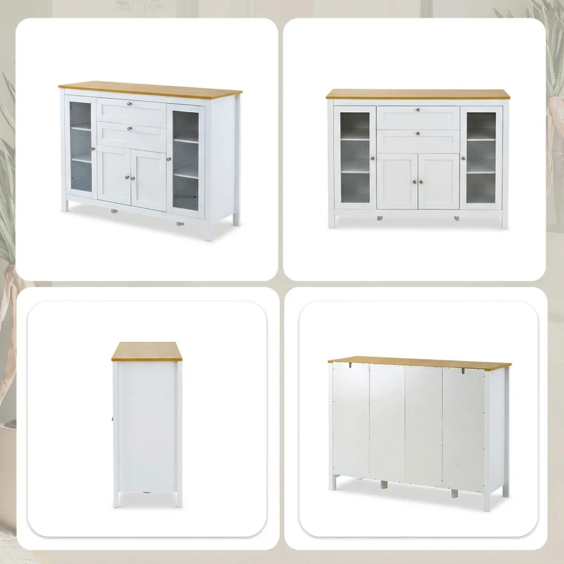 HOMCOM Buffet salon, meuble de rangement avec 1 placard double porte, 2 placards à porte vitrée, 2 tiroirs et étagère réglable, style moderne, buffet salle à manger et cuisine, 120x40x90cm, blanc(m-15)