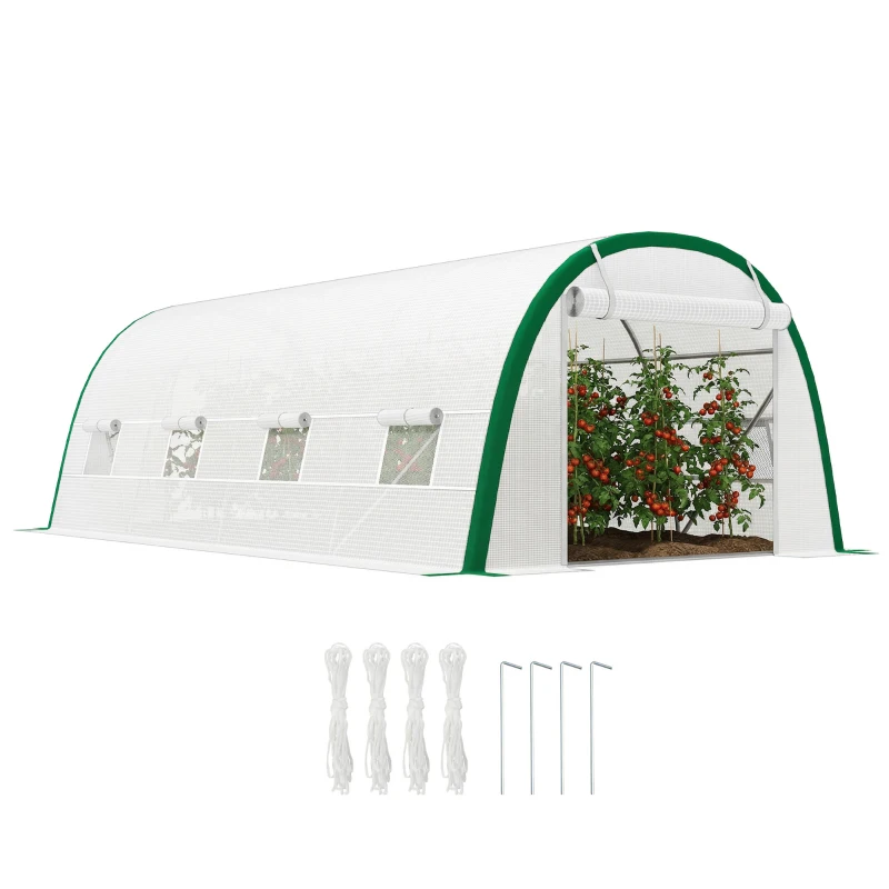 Outsunny Serre de Jardin Tunnel 18 m² dim. 6L x 3l x 2H m - 8 fenêtres, Porte zippée Enroulable, Acier galvanisé, bâche PE, Blanc