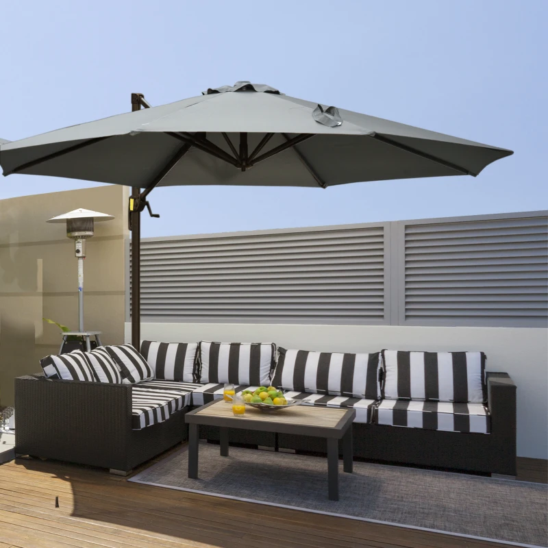 Outsunny Ombrellone da Giardino a Manovella e a 8 Stecche con Angolazione Regolabile, Ø2.95x2.5 m, Grigio