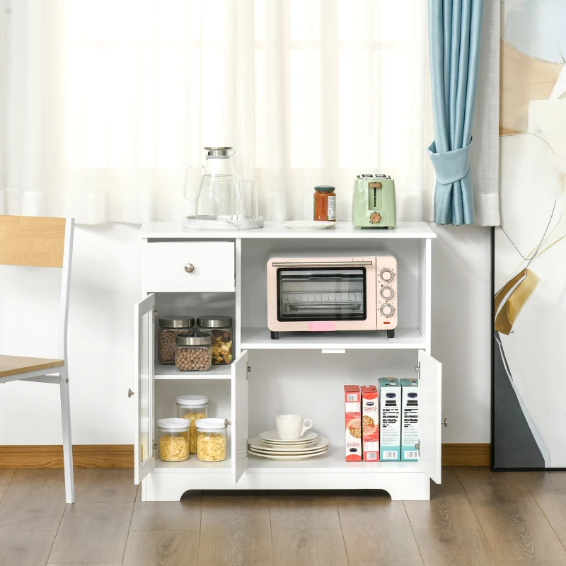 HOMCOM Móvel para Micro-ondas de cozinha Armário de Armazenamento para Cozinha Sala de Jantar 90x40x82 cm Vidro Temperado e Madeira Branco