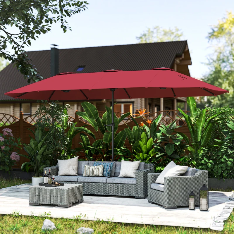 Outsunny Parasol de jardin extérieur, parasol double rectangulaire 4 x 2,2 x 2,3m avec ouverture fermeture manivelle rouge vineux
