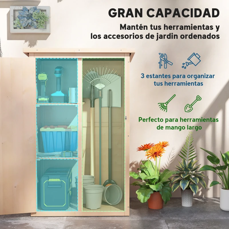 Outsunny Armario de Jardín de Madera para Exterior para Herramientas con 2 Estantes Techo Asfáltico 75x56x115cm Natural