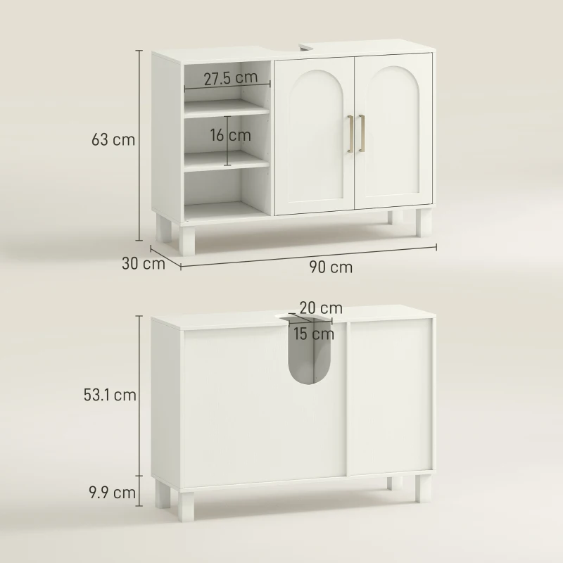 HOMCOM Dulap pentru Lavoar Baie cu 2 Uși, Rafturi Deschise, Rafturi Reglabile, pentru Lavoare fără Piedestal, 90x30x63 cm, Crem