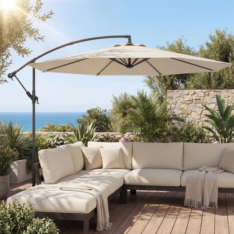 Outsunny Parasol Excéntrico Ø300 cm con Base Cruzada Toldo Ajustable y Manivela UPF30+ para Terraza Patio Blanco Crema