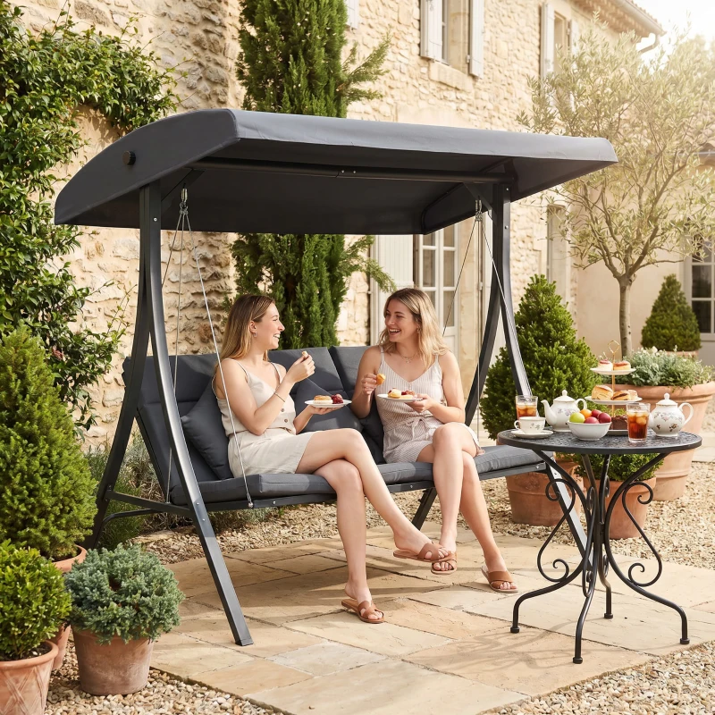 Outsunny Balancelle de jardin 3 places grand confort inclinaison toit réglable matelas fourni acier polyester gris foncé