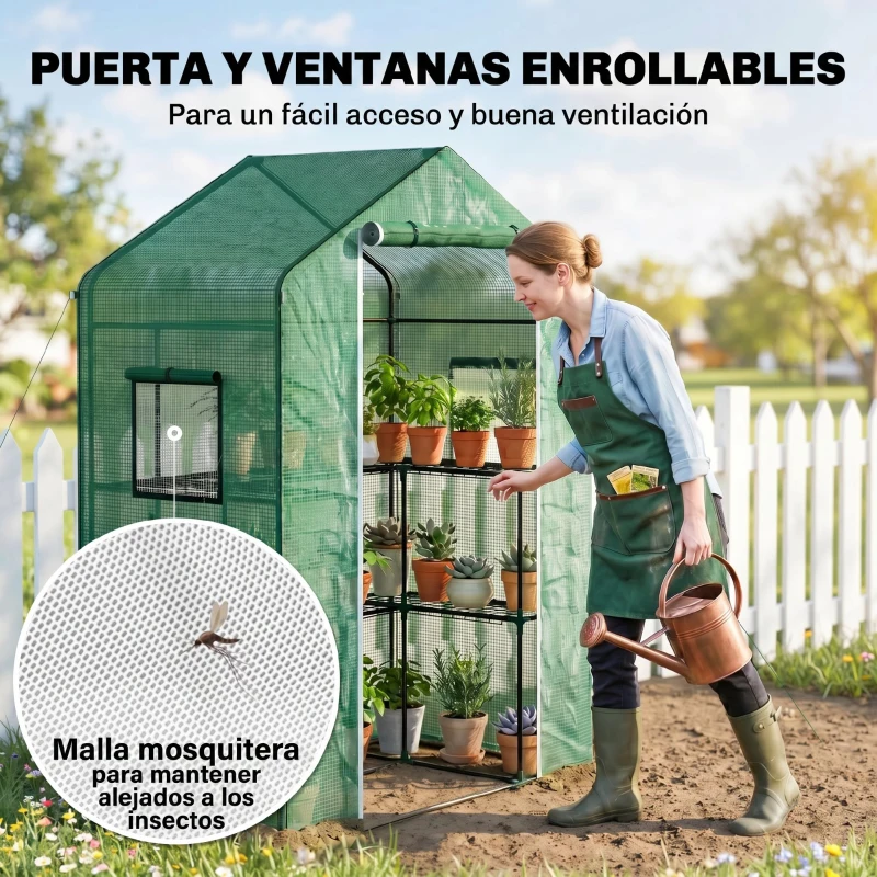 Outsunny Invernadero con 1 Puerta 2 Ventanas y Estantes de 2 Niveles en Forma de U para Cultivo de Plantas 140x73x190 cm Verde