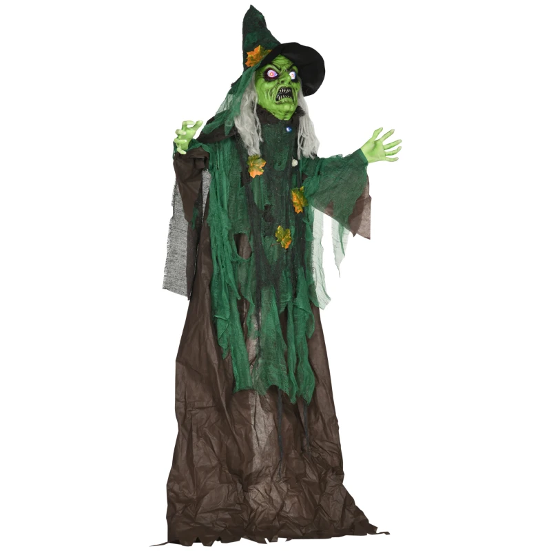 HOMCOM Halloween-Hexe, Halloween-Dekoration, Soundfunktion, mit Bewegungssensor und LED-Lichtern, 60 cm x 18 cm x 183 cm