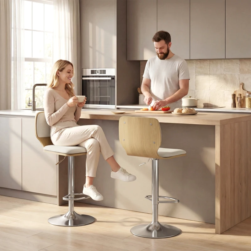 HOMCOM Juego de 2 Taburetes Altos de Cocina Giratorios en 360° Regulables en Altura de 81-102 cm Tapizados en Lino Beige