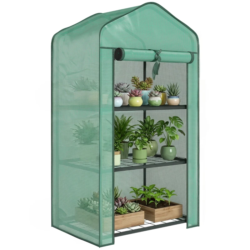 Outsunny Mini seră de grădină cu husă din PE, 3 rafturi și ușă rulabilă, 59x39x127 cm, verde