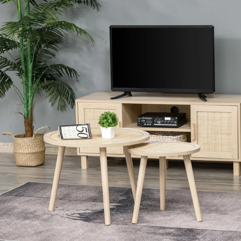 HOMCOM  2er Set Kaffeetisch Couchtisch mit Rattan-Tischplatte Stapeltisch Beistelltisch Kaffeetisch MDF Natur 40 x 40 x 40 cm/60 x 60 x 45 cm