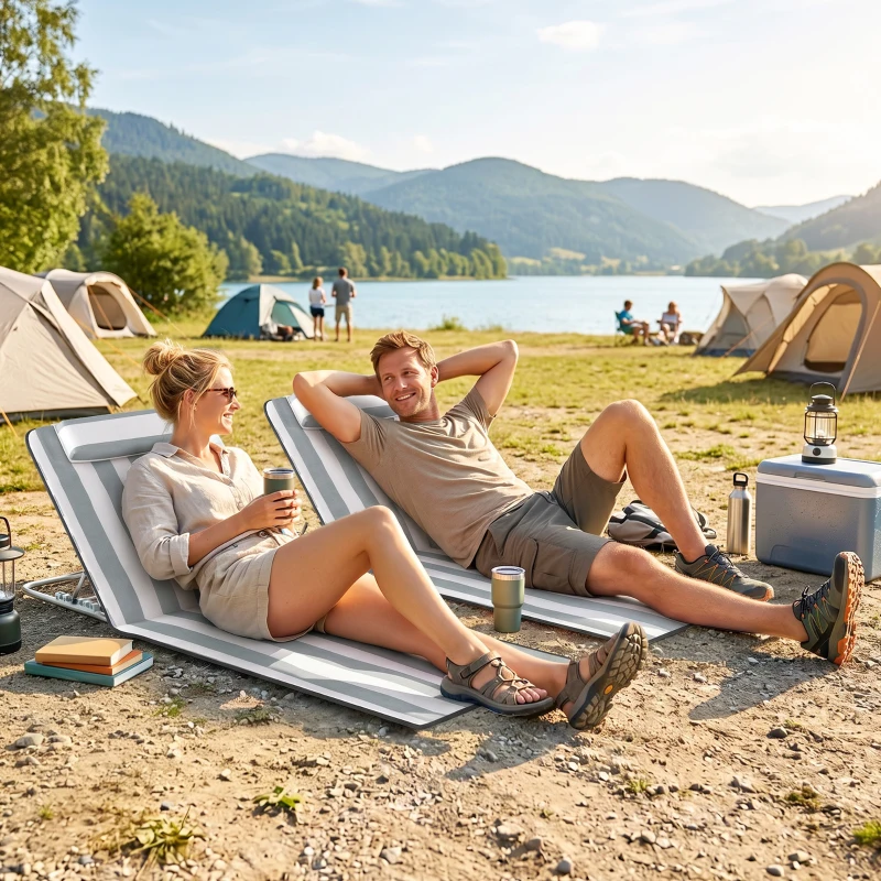 Outsunny Conjunto de 2 Esterillas con Respaldo Reclinable Reposacabezas y Bolsa de Transporte 134x48x33-43 cm Blanco y Gris