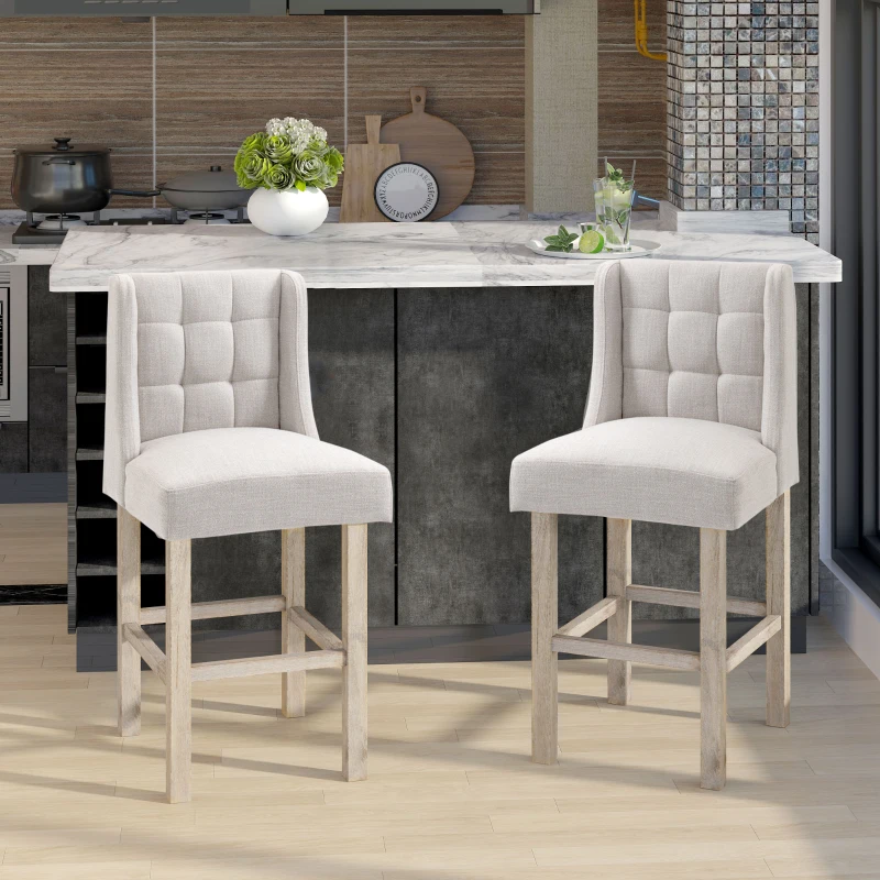 HOMCOM Set di 2 Sgabelli da Bar Moderne, Sedie da Cucina, Sgabelli da Bar per Cucina con Schienale Basso, in Tessuto Effetto Lino, Gambe in Legno della Gomma, 47 x 50 x 101 cm, Beige