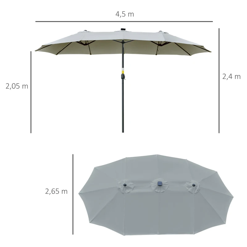 Outsunny Ombrellone da Giardino Doppio 4.5m con 48 Luci LED e Manovella, Grigio Chiaro
