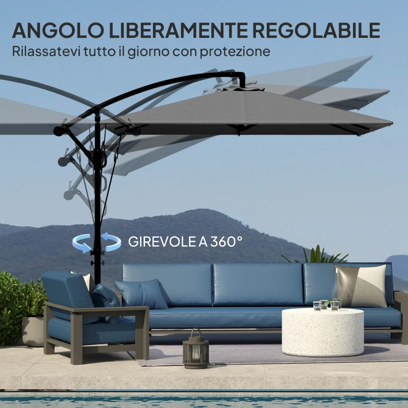 Outsunny Ombrellone da Giardino a Sbalzo 2.5x2.5 m con Manovella, Inclinabile e Girevole con Copertura, Grigio