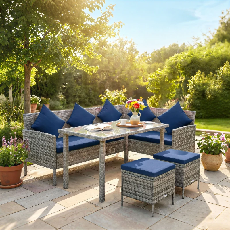 Outsunny 5 Pieces Rattan Garden Furniture Set with Dining Table, Cushions - Dark Blue