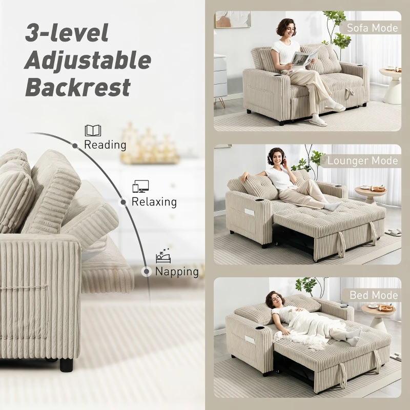 HOMCOM Corduroy Click Clack Sleeper Sofa with Pull Out Design, 2 Seater Sofa Bed, Cream White