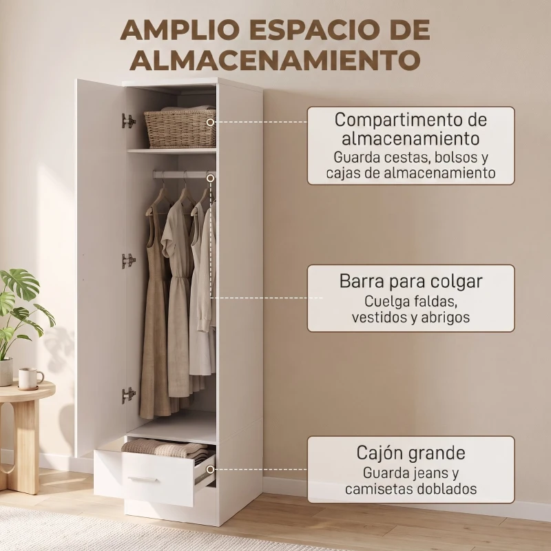 HOMCOM Armario Dormitorio Moderno Armario Ropero con Barra para Colgar Cajón Estante Superior 40x52x170 cm Blanco