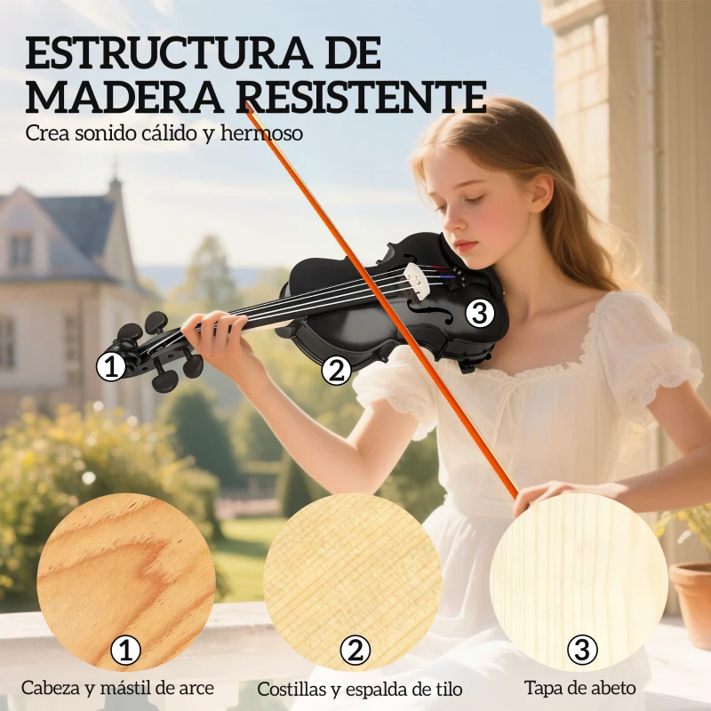 HOMCOM Violín 4/4 de Tamaño Completo de Madera con Estuche Arco Colofonia Afinadores Cuerdas y Soporte para Hombro Negro