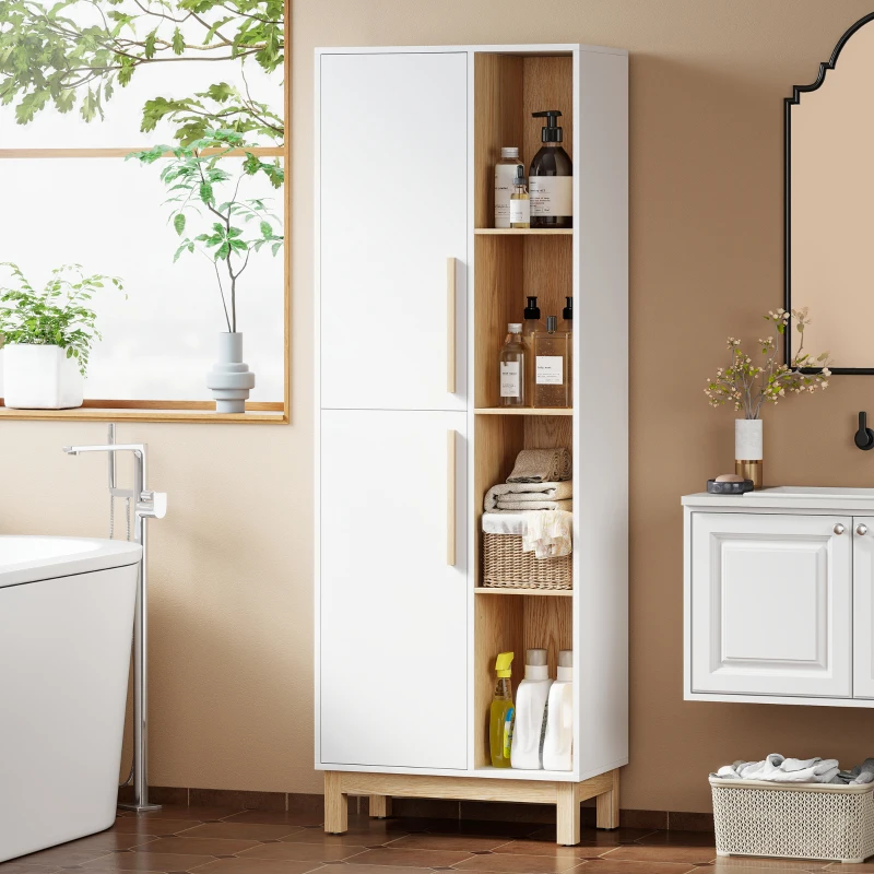 HOMCOM Meuble de Salle de Bain, Meuble de Rangement, 2 Portes, 4 Compartiments Ouverts et Étagères Réglables, Blanc et Naturel(m-10)