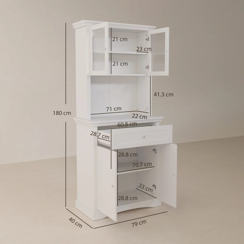 HOMCOM 4-Door Kitchen Cupboard with Drawer, Freestanding Kitchen Cabinet with Glass Doors, Adjustable Shelves and Open Counter, White