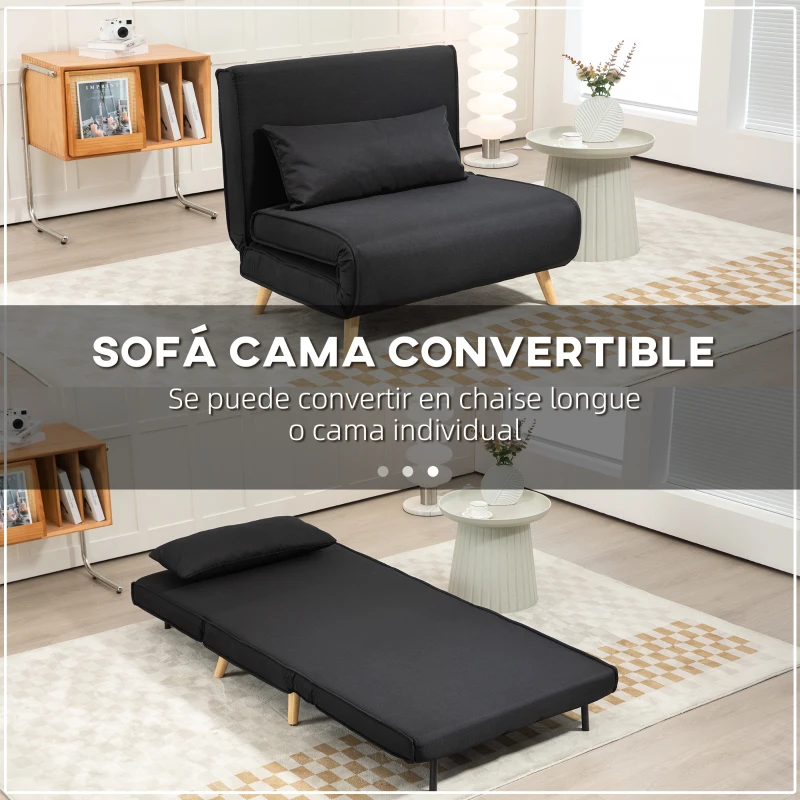 HOMCOM Sillón Cama Plegable con Respaldo Ajustable en 6 Posiciones Almohada Acolchada Carga 120 kg 94x78x80 cm Negro