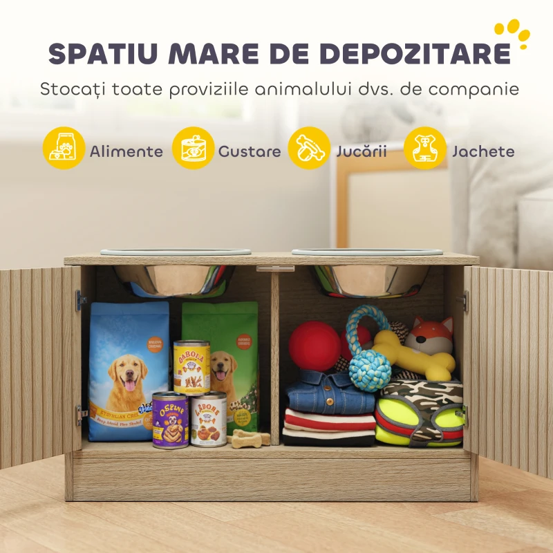 PawHut Suport pentru Boluri pentru Câini cu 2 Boluri de 2L din Oțel Inoxidabil și Dulap Inferior, din Lemn, 60x30x35,5 cm, Stejar