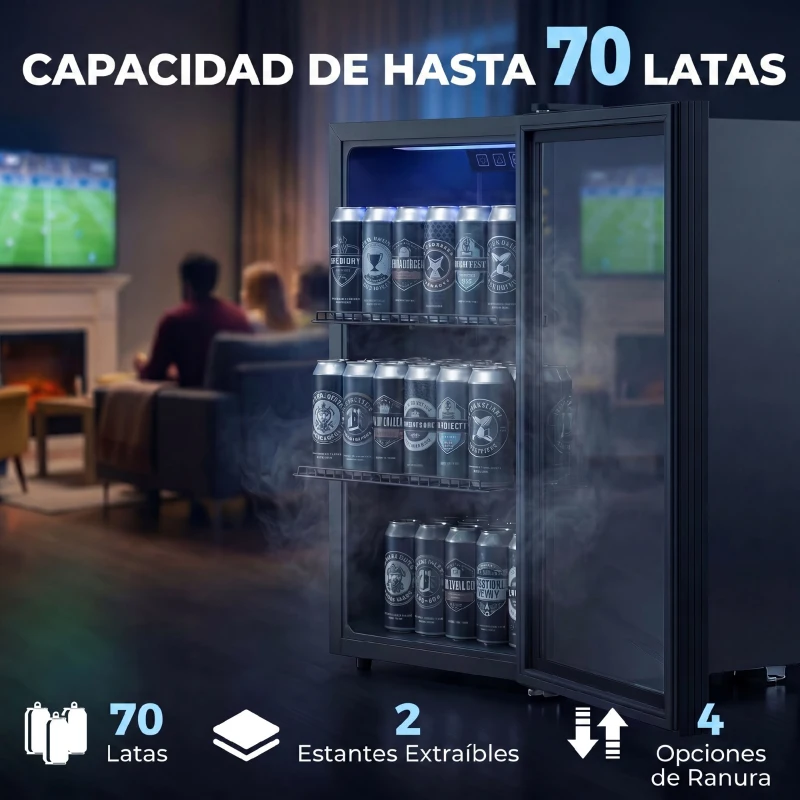 HOMCOM Frigorífico de Bebidas 70 L con Puerta de Vidrio Doble Iluminación LED 2 Estantes Ajustables para 70 Latas