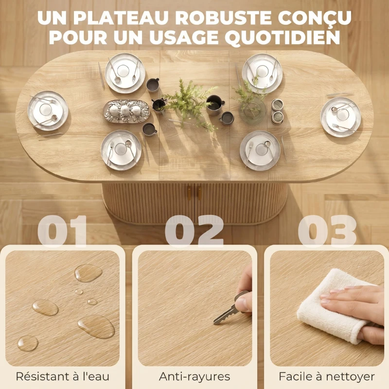 HOMCOM Table à Manger Ovale pour 6 personnes, Portes Coulissantes, 6 Compartiments, Style Farmhouse Moderne, 180x80x75cm, Chêne