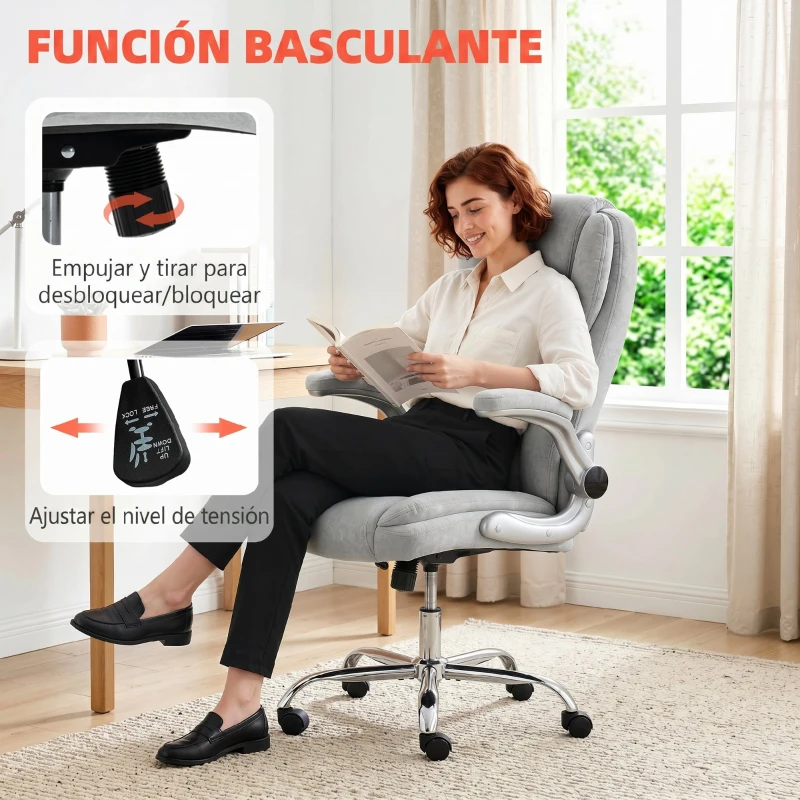 HOMCOM Silla de escritorio Ergonómica con Respaldo Alto Reposabrazos Abatibles Asiento con Muelles Altura Ajustable Crema