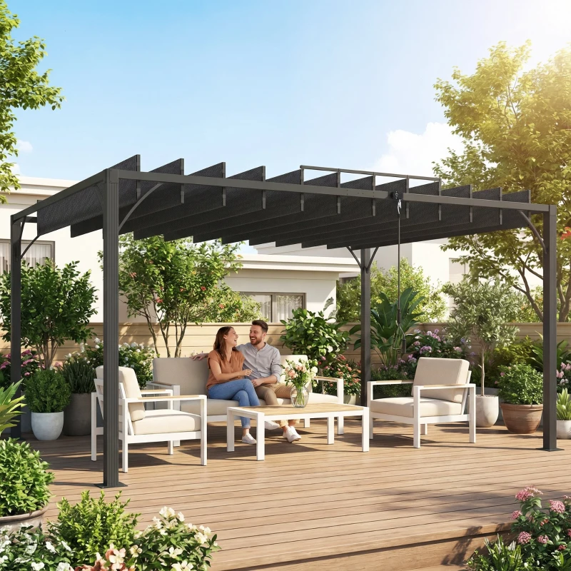 Outsunny Pérgola de Jardín 3x4 m con Protección UPF 50+ Gazebo con Techo Ajustable Estructura de Aluminio para Exterior Gris