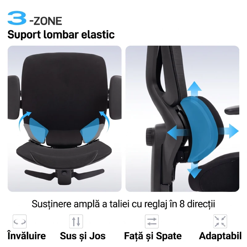 HOMCOM Scaun de Birou Ergonomic și Respirabil cu Suport Lombar Dinamic și Suport pentru Picioare, 73x75x120-128 cm, Negru