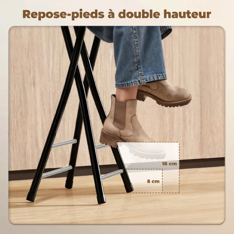 HOMCOM Lot de 2 Tabourets de Bar Pliables, Chaises de Bar Ronds avec Double Repose-Pieds, Cadre en Acier, Noir