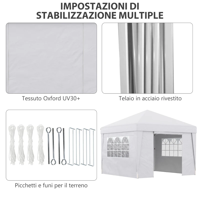 Outsunny Gazebo Pieghevole 3x3 m con Altezza Regolabile, con Design Pop Up e Finestre, Bianco