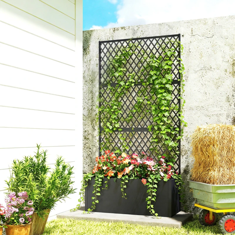 Outsunny Metall-Hochbeet mit Spalier, Pflanzkasten für draußen mit Diamantgitter-Sichtschutz für Blumen