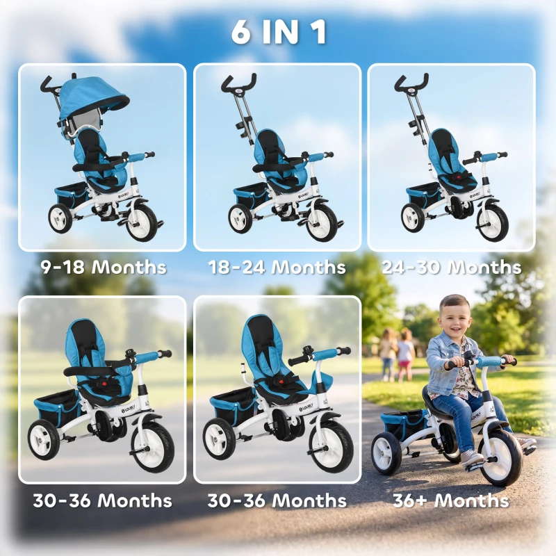 HOMCOM 6 in 1 Kids Trike Push Bike w/ Push Handle, Canopy, 5-point Seat Belt, Storage, Footrest, Brake, for 1-5 Years, Blue