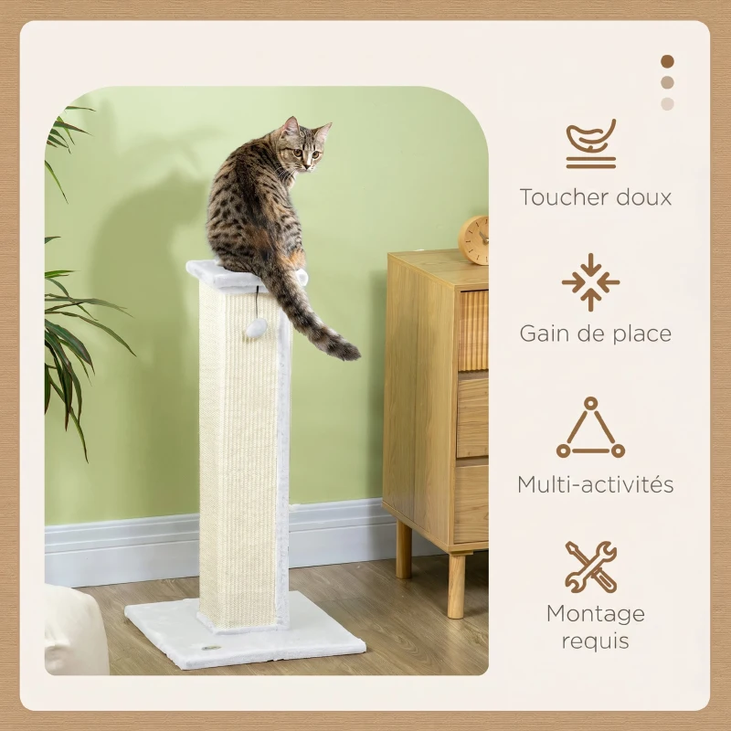 PawHut Griffoir pour chat poteau griffoir chat en sisal et peluche, boule suspendue base stable 41 x 41 x 81 cm blanc et crème