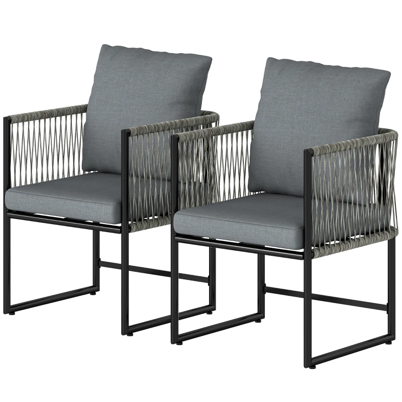 Outsunny Gartenstuhl 2er Set wetterfest Gartenstühle aus Stahl PE-Rattan mit Kissen Armlehne Rückenlehne 52x52x66 cm Dunkelgrau