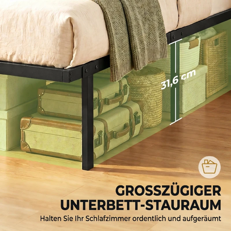 HOMCOM Bettgestell, 140 x 200 cm Metallbett mit Stauraum unter dem Bett, Metallgestell mit Lattenrost, kein Boxspring nötig