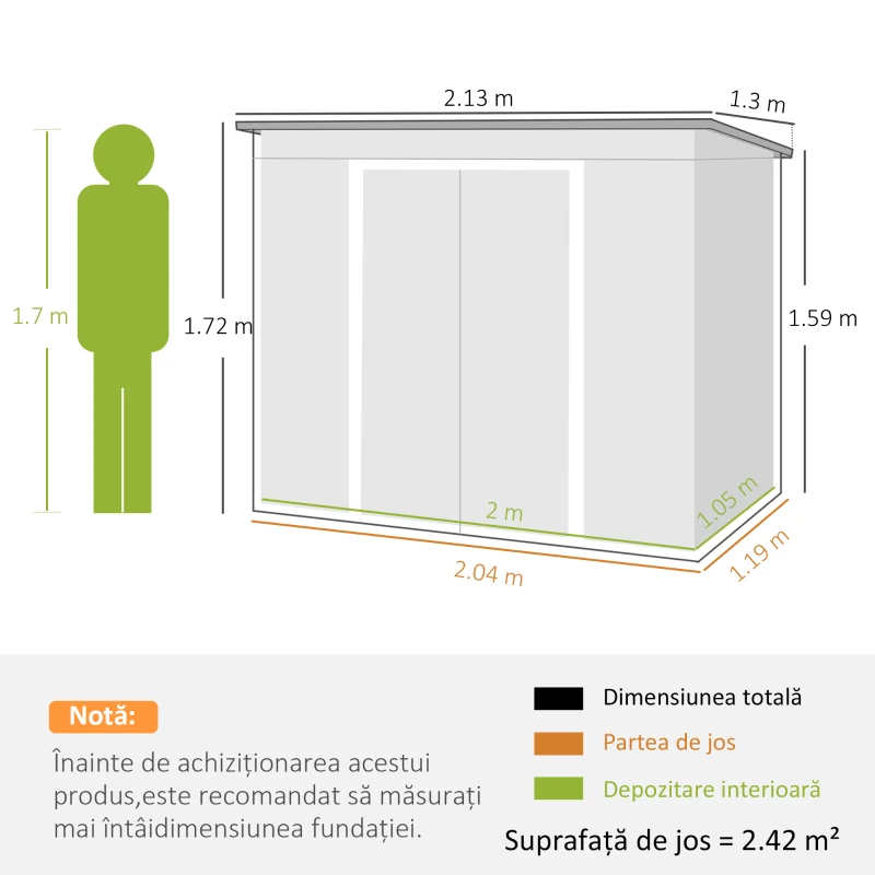 Outsunny Depozit pentru Unelte de Grădină din Metal cu Kit Fundație, Uși Duble, Ventilație și Acoperiș Înclinat, Gri