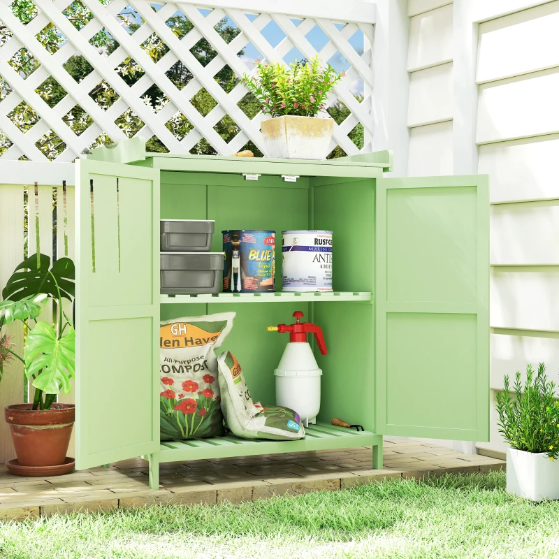 Outsunny Wooden Garden Shed, Garden Tool Storage Shed with Hinged Roof and Shelf, Outdoor Storage Cabinet with Double Doors, Light Green